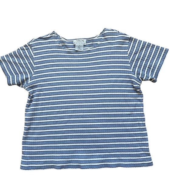 Talbots Petites Women’s Medium Blue & White Striped 100% Cotton Short Sleeve Top - Picture 1 of 5